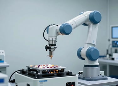 A specialized robotics arm used for drug discovery in a North American / US facility, with sterile pale mist grey-white surfaces and muted steel blue components.