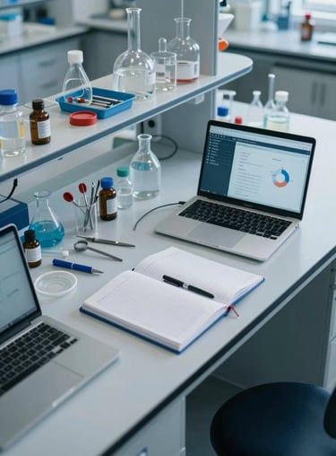 A high-angle view of a laboratory workspace in a North American / US university, showing organized tools, a laptop, and notebooks in a soft sky blue lit environment.