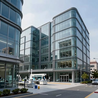 A crisp, professional wide shot of a biotech research center in a modern North American / US city, with architecture featuring muted steel blue glass and steel.