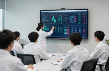 A group of focused scientists in a sleek North American / US conference room with pale mist grey-white walls, reviewing genetic data on a large dark navy blue screen.