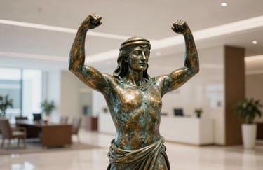 A high-resolution close-up of a bronze sculpture in a professional Middle Eastern office lobby, symbolizing strength and creativity, with soft bokeh background.