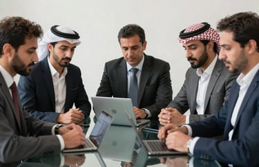 A group of Middle Eastern / Iraqi professionals in business attire collaborating around a glass table with digital devices, looking confident and successful.