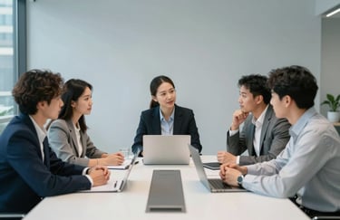 A group of professional colleagues in business casual attire collaborating around a bright conference table in a North American city center. The atmosphere is focused and compassionate, with clean minimalist decor in light blue-grey.