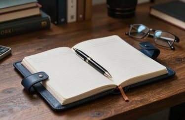 A professional desk top with a leather-bound planner, an elegant pen, and a pair of spectacles. The lighting is warm and domestic, suggesting a trustworthy personal home office in a Canadian suburb. The color palette includes dark blue and off-white.