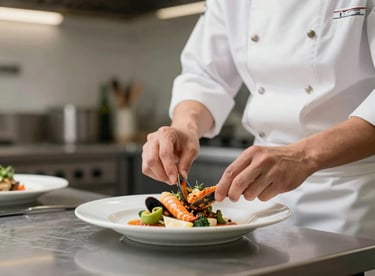 A private chef in a clean, minimalist kitchen carefully plating a gourmet seafood dish, capturing a 'behind-the-scenes' moment of culinary excellence.