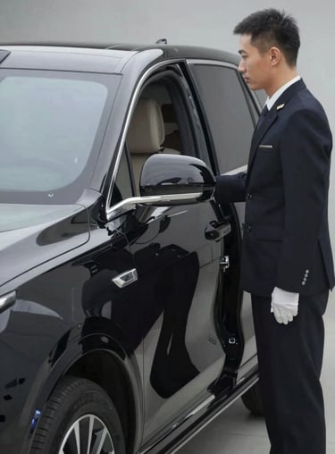 A sleek, black luxury SUV with a door being held open by a professional chauffeur in a crisp uniform, conveying seamless transportation.