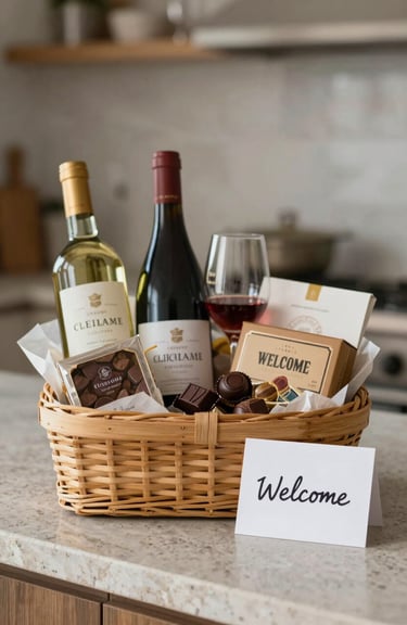 A close-up of a premium welcome gift basket featuring local wine, artisanal chocolates, and a handwritten card on a stone countertop.