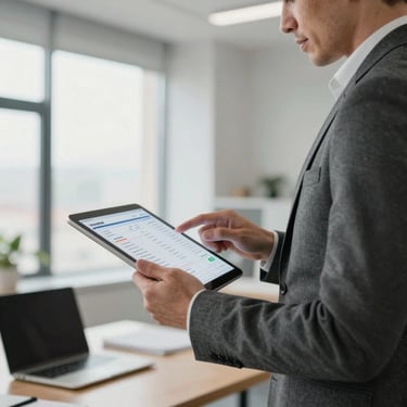 A professional hospitality planner in a charcoal suit reviewing a detailed itinerary on a tablet in a sun-drenched, modern office space.