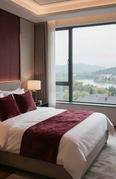 A luxury master bedroom in a rental property with crisp parchment bedding, deep burgundy velvet pillows, and large windows looking out to a serene landscape.