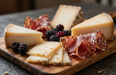 An exquisite charcuterie board on a dark olive wood platter, featuring artisanal cheeses, cured meats, and dark berries, lit with warm, professional lighting.