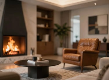 The interior of a high-end mid-term rental living room with sophisticated decor, a leather armchair, and a warm fire in the background.