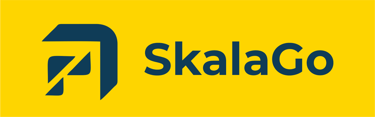 SkalaGo corporate logo featuring dark blue text and an abstract icon on a bright yellow background.