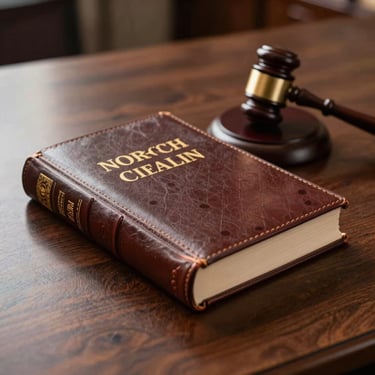 Detailed photograph of a leather-bound legal book and a wooden gavel resting on a polished dark wood desk, warm professional lighting, North American law office setting.