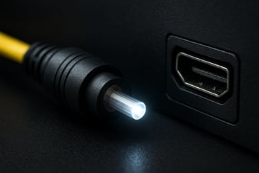 Macro shot of a high-speed fiber optic cable and a smart TV port, emphasizing connectivity and technology.