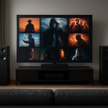 A minimalist home theater setup in a North American apartment, featuring a large screen with a high-definition movie selection menu.
