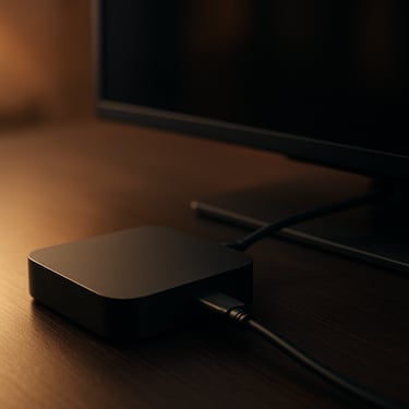 A detail shot of a sleek streaming device connected to a modern television, captured in soft evening lighting.