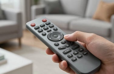 Close-up photography of a high-tech remote control with tactile buttons held by a hand in a modern interior setting.