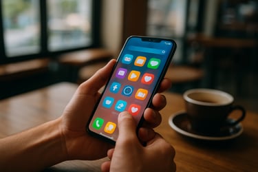 A person's hands navigating a colorful app store on a high-resolution smartphone screen in a modern cafe.