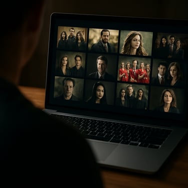 An over-the-shoulder shot of someone browsing a library of television shows on a sleek laptop screen.