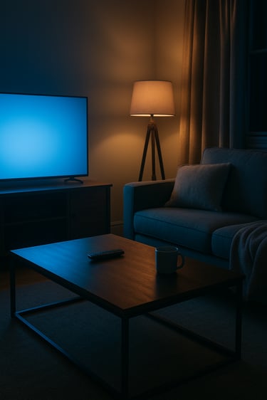 A cozy living room setting in a North American home with the blue glow of a television illuminating a modern coffee table.