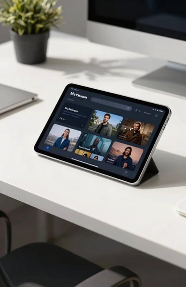 A premium silver tablet resting on a white desk in a sunlit North American office, displaying a modern streaming application with a dark slate interface.