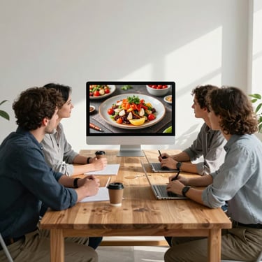 A professional marketing team in Northern Europe sitting around a large oak table, reviewing high-resolution food photography on a large monitor in a sunlit, minimalist office.