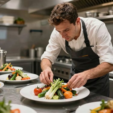 A professional photographer in a Northern European restaurant kitchen carefully arranging a plate of seasonal vegetables for a social media shoot.