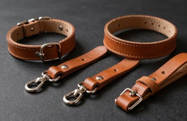 Collection of handmade leather pet accessories including collars and leashes in warm tan leather, studio product photography.