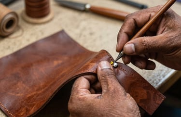 Detailed shot of the skilled hands of a South Asian / Indian artisan meticulously stitching walnut brown leather in a workshop.