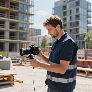 A professional construction assistant in a navy blue safety vest working at a modern urban development site in Germany, clear daylight.