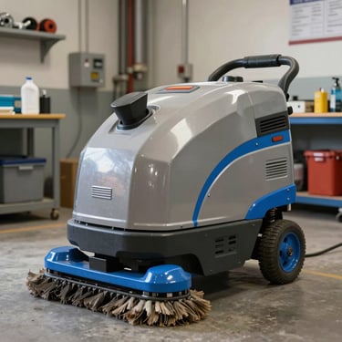 Industrial cleaning equipment, including a professional floor scrubber with steel blue accents, placed in a well-lit, organized utility room.