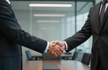 Two North American / Canadian business professionals shaking hands in a sleek, glass-walled boardroom with Deep Charcoal accents.