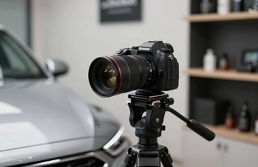 A professional camera set up on a tripod inside a high-end detailing shop in Calgary, capturing the focus on a polished hood.