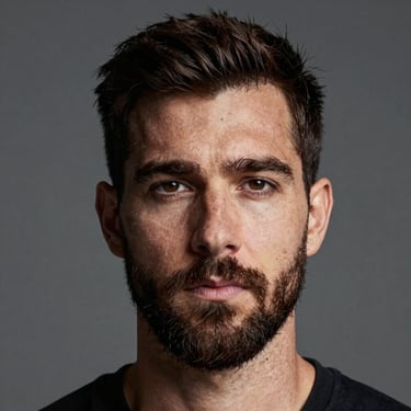 A close-up high-fashion portrait of a man with a sharp, well-maintained beard. Clean charcoal background, soft overhead lighting. North American / US.