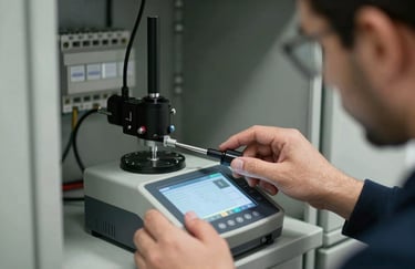 A close-up photograph of a Turkish / Anatolian technical expert using a high-precision digital testing device on an electrical panel. The lighting is natural and professional, emphasizing reliability.