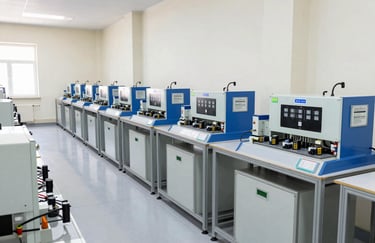 A bright and airy shot of a modern manufacturing floor for electrical equipment in a Turkish / Anatolian industrial zone. The scene features rows of organized workstations, off-white walls, and steel blue machinery.