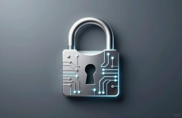 A modern, metallic padlock icon with digital circuitry patterns, glowing subtly in #E0E7ED, representing the security and protection of financial records.