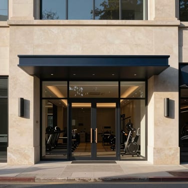 Minimalist architectural photography of a luxury fitness center entrance. Features light beige stone, dark navy black metal, and clean glass. Morning sunlight, North American / Canadian upscale professional mood.