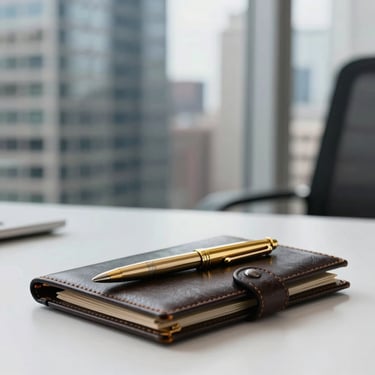 Close-up of a gold pen and a dark leather folder on a white desk in a high-rise office. Blurred background of a modern North American / Canadian cityscape. Clean, strategic, and professional composition.