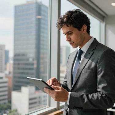 A focused Brazilian male professional in formal attire reviewing data on a tablet in a sunny, high-rise office building, reflection of the city on the window.