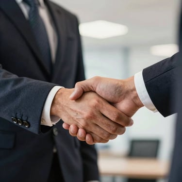 A detail shot of a professional handshake between two businesspeople in a corporate setting, showing trust and solid partnership, warm professional lighting, Sul-Americano context.