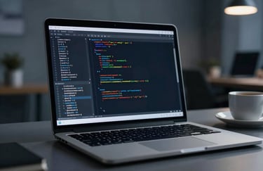 A moody, professional photograph focusing on a laptop screen filled with cascading lines of code in a dark editor. The setting is a dim, stylish office with cool gray and deep blue tones. The focus is sharp on the screen text, with the surrounding desk and a coffee mug in soft bokeh.