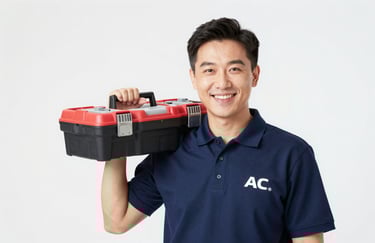 Portrait of a smiling AC technician in a branded navy blue polo (#1A202C) with a professional toolkit over the shoulder, high-key lighting.