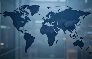 A blurred artistic shot of a world map overlay on a glass wall, with Prussian Blue and Slate Blue lighting, suggesting international reach.