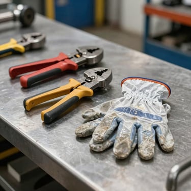 A clean close-up shot of heavy-duty industrial tools and safety gloves resting on a stainless steel workbench in a North American / US industrial facility.