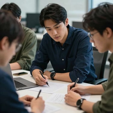A close-up of collaborative teamwork in a North American tech hub, showing a group focused on high-level problem solving with dark blue and dark green elements in the environment.