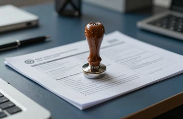 A close-up of a professional quality seal and technical documentation on a Dark Slate Blue metallic desk in a Eastern European / Russian office.