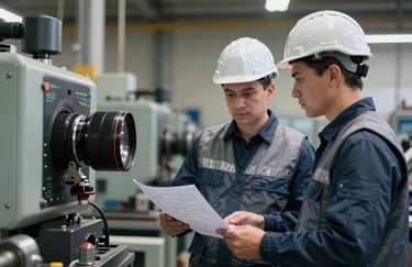 Two engineers in hard hats and Steel Blue vests discussing a technical diagram next to a large machine in a Eastern European / Russian workshop.