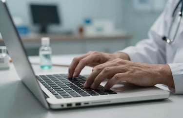Close-up of a professional's hands typing on a laptop in a modern US medical workspace, with medical instruments softly blurred in the background, lit with cool professional tones.