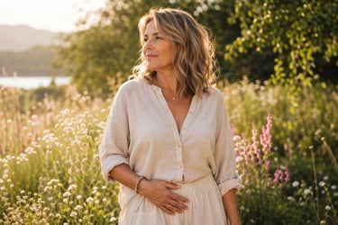 Eine Frau (ca. 45–55) steht draußen in einer ruhigen Naturlandschaft (Wiese oder Garten).  Sie hält 